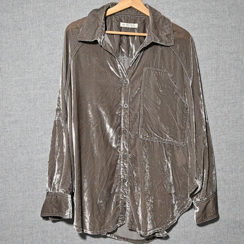 We Free Velvet Button Down Shirt Womens Oversized Long Sleeve Small Grey